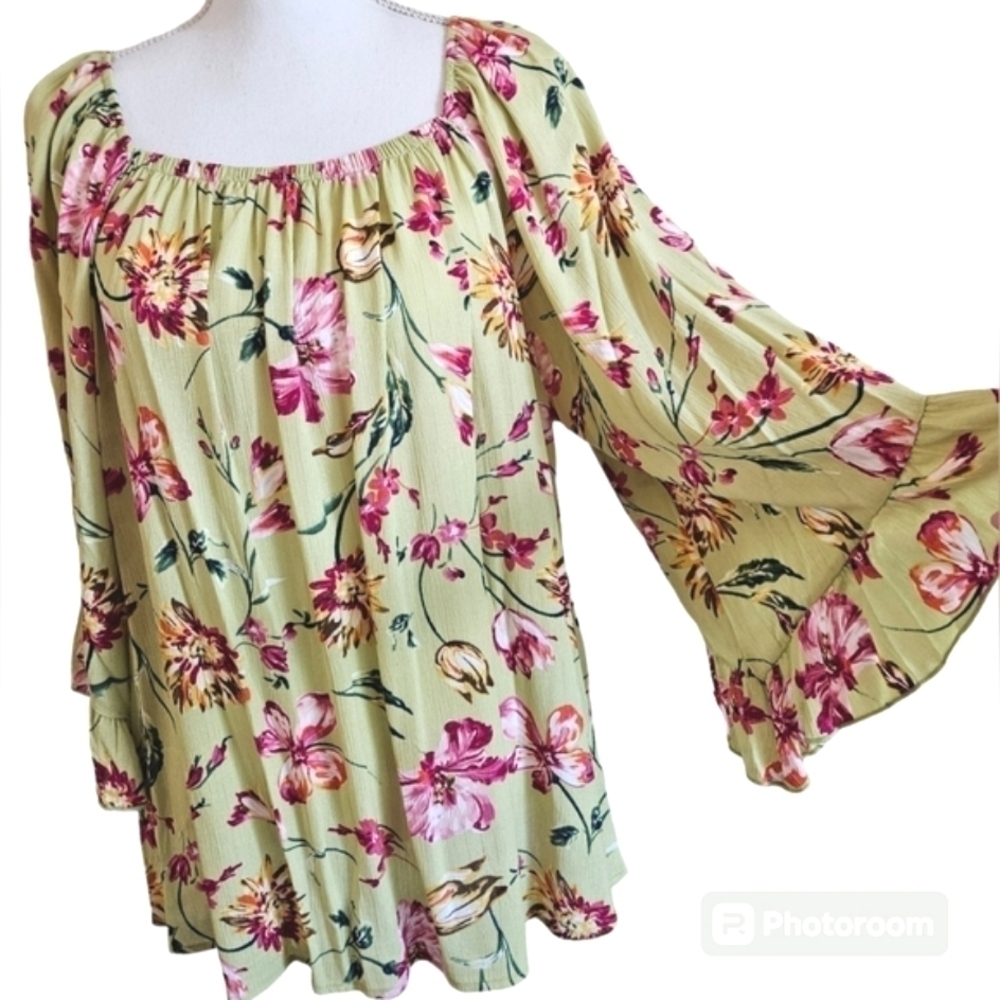 FIRST LOVE BOHO BLOUSE SZ L GREEN PINK - Picture 4 of 7